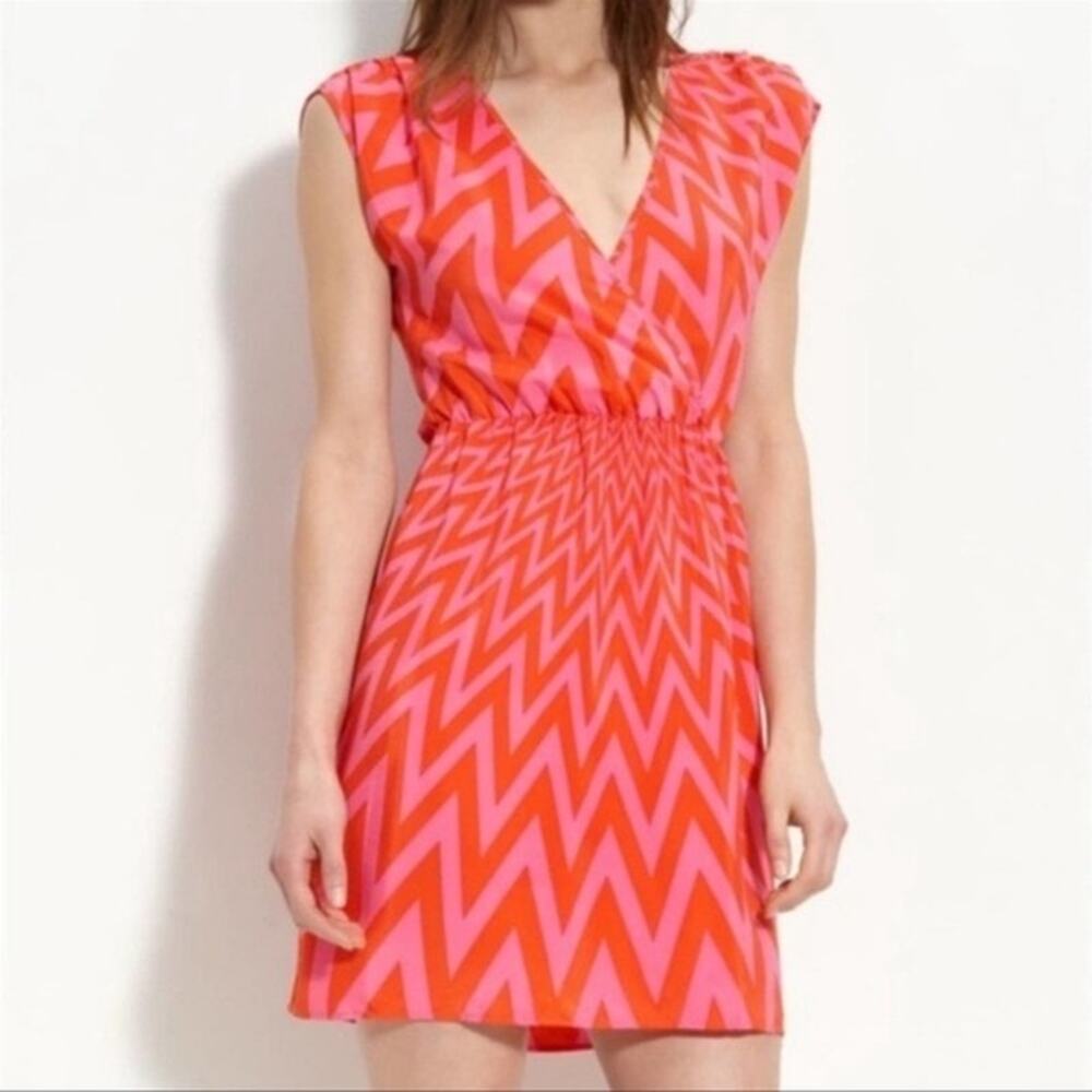 Amanda Uprichard Revolve Mayfair Pink Red Chevron Silk V-Neck Mini Dress Size S